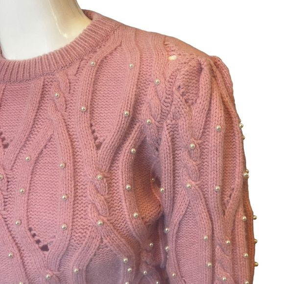 Women's Alice Blue Romantic Pink Pearl Cable Knit Crew Soft Sweater Size L - Picture 3 of 16